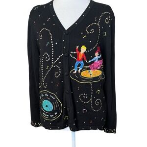 Berek Black Embroidered Beaded Music Cardigan 50s Sock‎ Hop Rock 'n Roll Medium